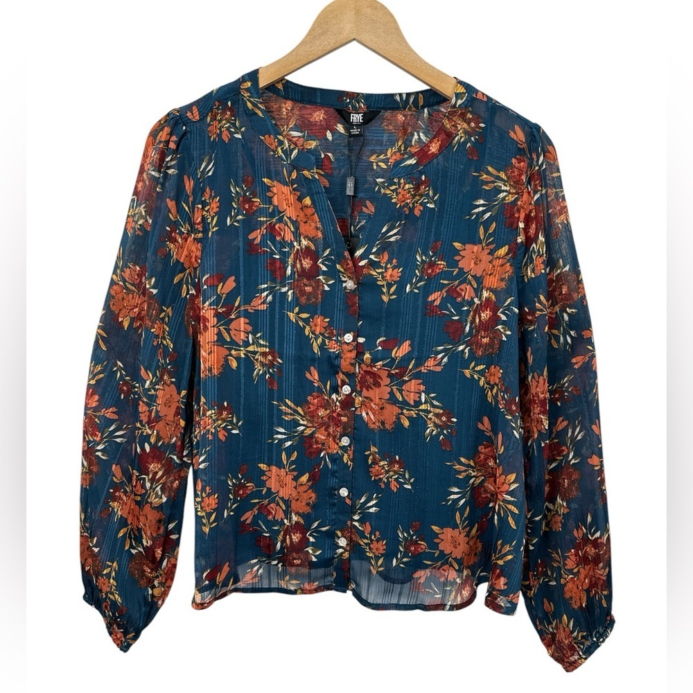 NWT Frye Floral Sheer Lurex Long Sleeve Split V-Neck Blouse
